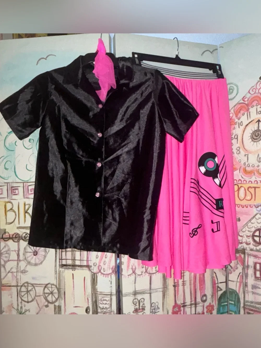 Girls' Pink Rock 'n' Roll 50’s 3 Piece Costume - Skirt Neckerchief Shirt 12/14